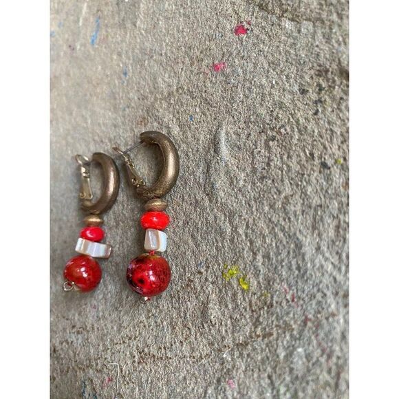 Vintage Earrings Hoop Faux Stone Red Silver Tone Pierced - Picture 4 of 7